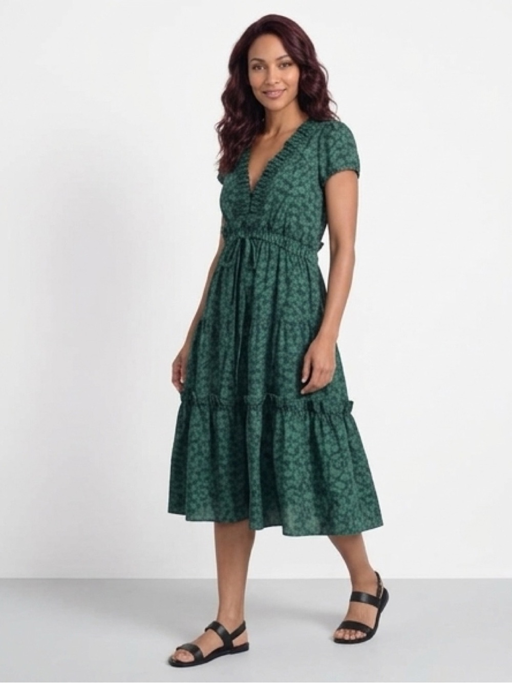 Marc Jacobs Green Floral Tiered Midi Dress with V-Neck